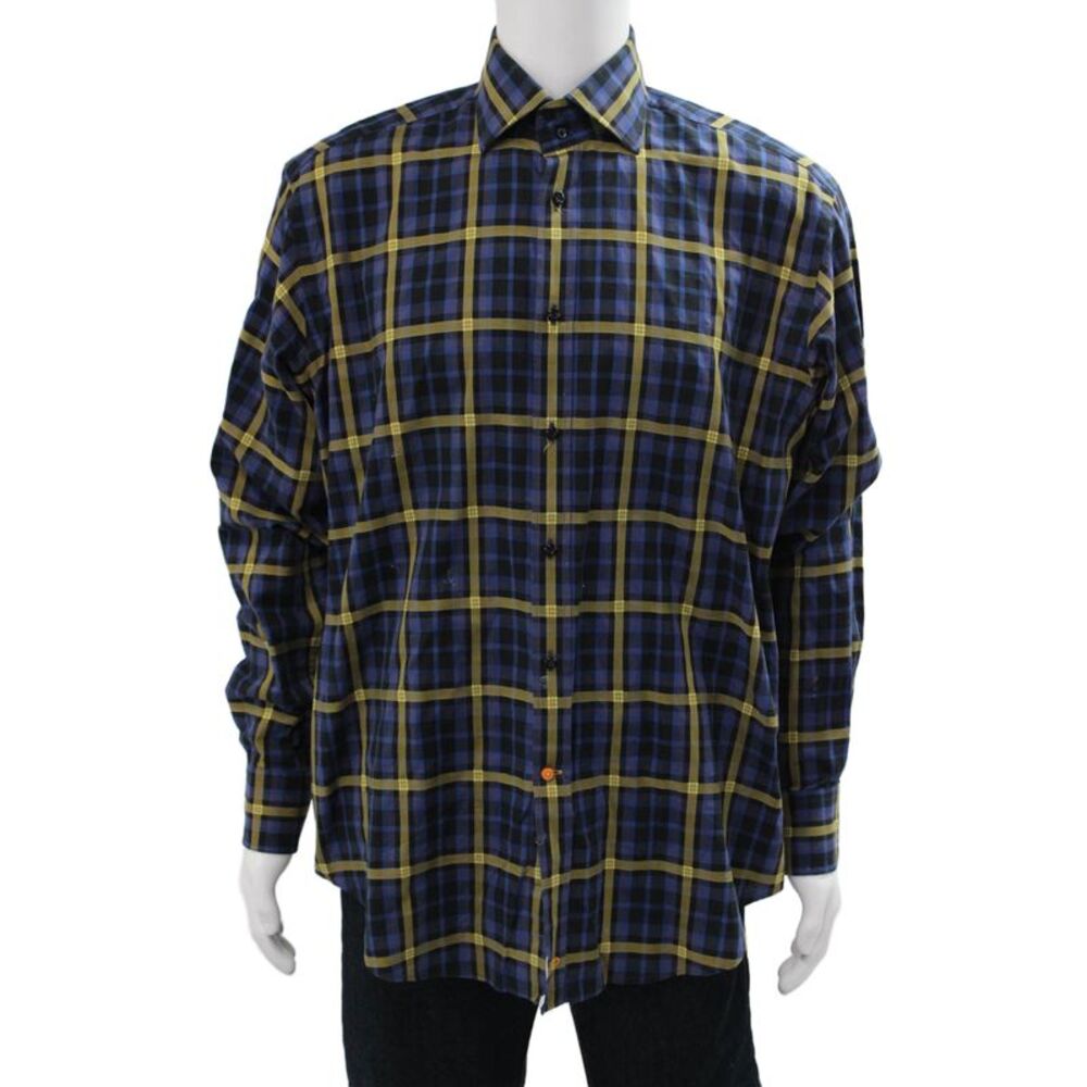 Thomas Dean Mens Plaid Button-Up Black Long Sleeve Cotton Size L